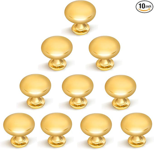 10 Pack Polished Gold Drawer Knob Solid Kitchen Cabinet Hardware,Polished Brass Round Cabinet Dresser Knob Euro Style Furniture Hardware,Diameter:1-1/5 "