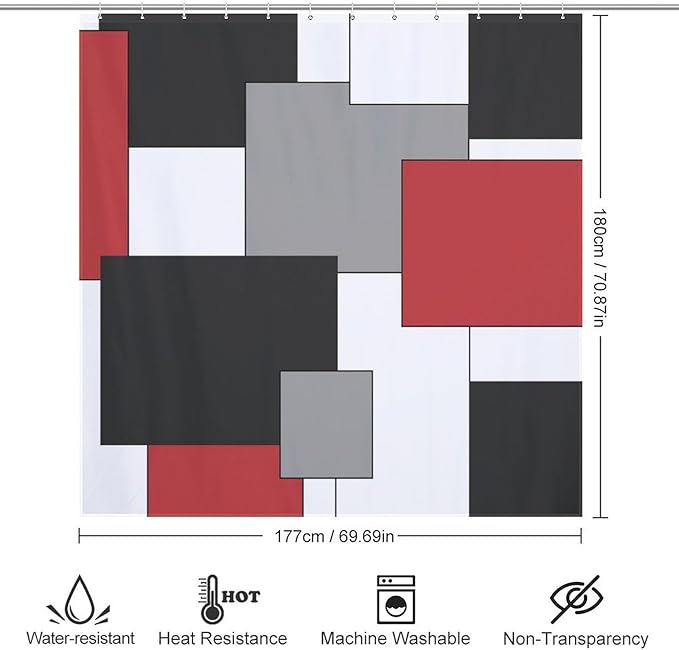 Red Black Shower Curtain,Retro Modern Geometry Minimalist Neutral Design Bathroom Curtain Polyester Waterproof Fabric Decor 72x72in（183x183cm）