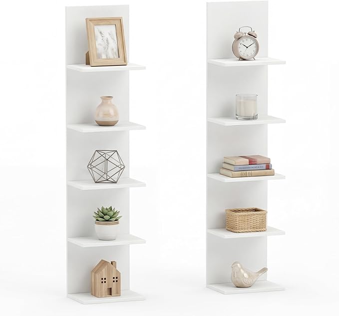 GOFLAME 5-Tier Wall Shelf, Wooden Display Floating Shelves, Wall Mounted Bookshelf Shelving Unit, Modern Storage Organizer Vanity Shelves for Living Room, Bedroom, Home Office (2,White)