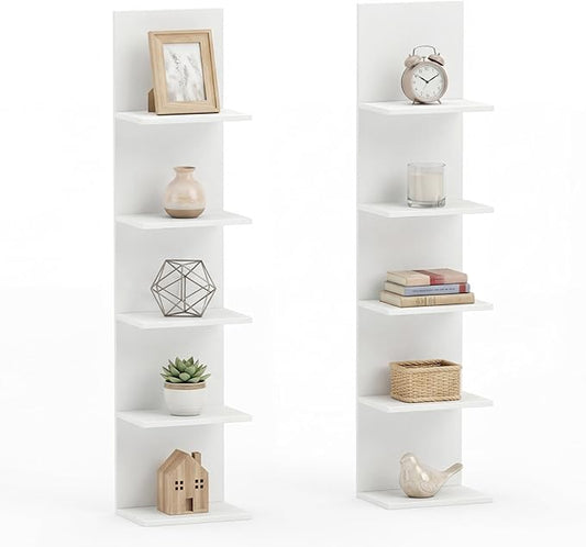 GOFLAME 5-Tier Wall Shelf, Wooden Display Floating Shelves, Wall Mounted Bookshelf Shelving Unit, Modern Storage Organizer Vanity Shelves for Living Room, Bedroom, Home Office (2,White)