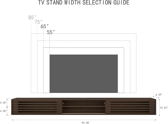 94" Floating TV Stand with Slatted Sliding Doors, Mid-Century Modern Wall Mounted Entertainment Center, Walnut Media Floating tv Console for 85 TV, Space-Saving Cable Management