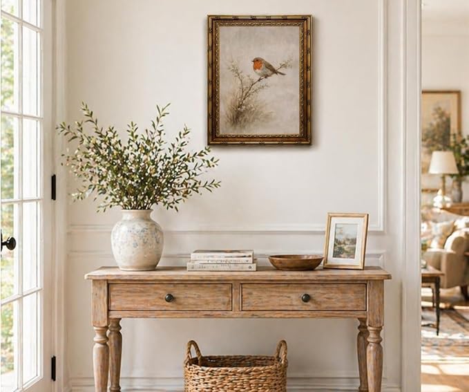 Vintage Gold Framed European Robin Perched on Branch Wall Art - Redbreast Robin Bird on Twig with Flowers Painting Print, Antique Gold Frame Nature Picture Wall Decor 12x16 Inch