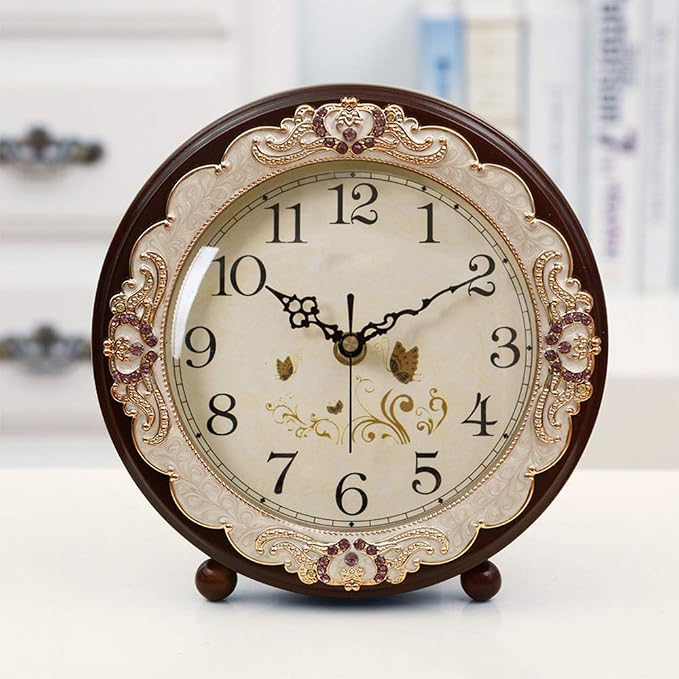 Justup Vintage Table Clock, Retro Non-Ticking European Style Beside Desk Clock Battery Operated Silent Quartz Movement for Bedroom Living Room Indoor Decor (Brown)