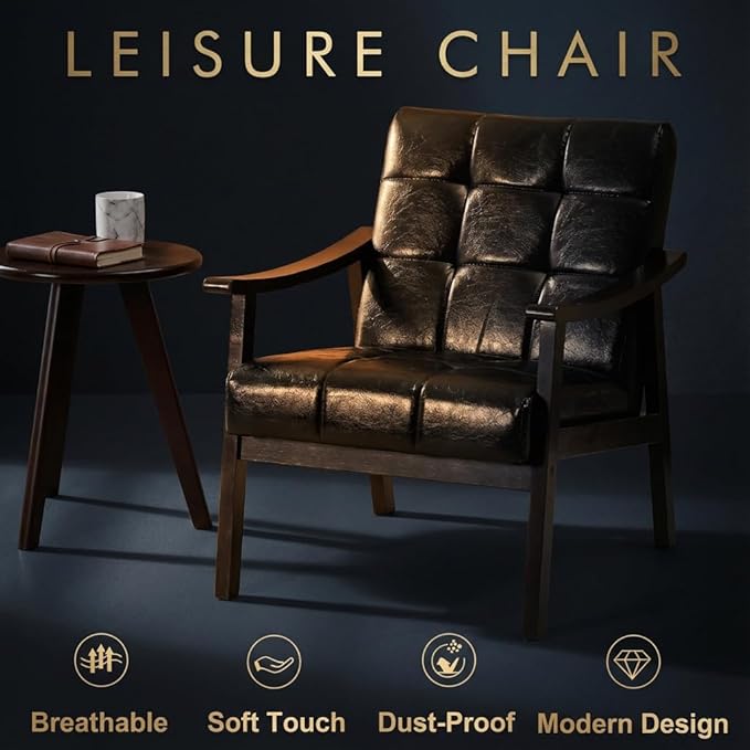 Mid-Century Modern Accent Chair, Upholstered Arm Chair Solid Wood Frame for Lounge, Living Room, Reading Room, Bedroom (Antique Black + PU Leather)