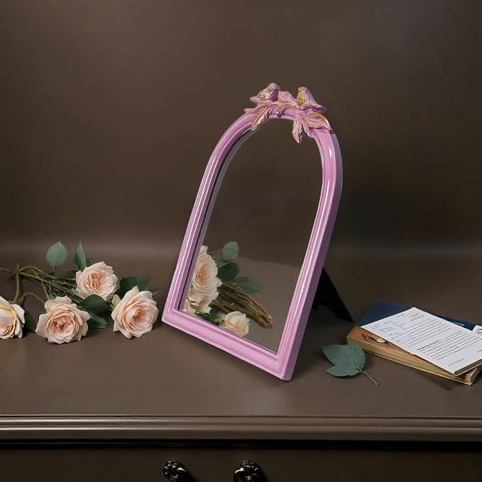Pink Bird Bow Mirror - 13x10 Inch Elegant Decorative Accent, Wall-Mounted & Tabletop Makeup Mirror for Bedroom Decor