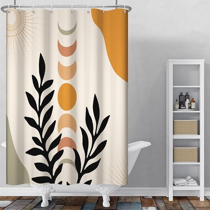 Mid Century Boho Shower Curtain for Bathroom Black Leaves Orange Sun Moons Bathtub Curtains Modern Bohemian Abstract Bathroom Decor Set Washable Waterproof Polyester Fabric with Hooks 48x72 Inch