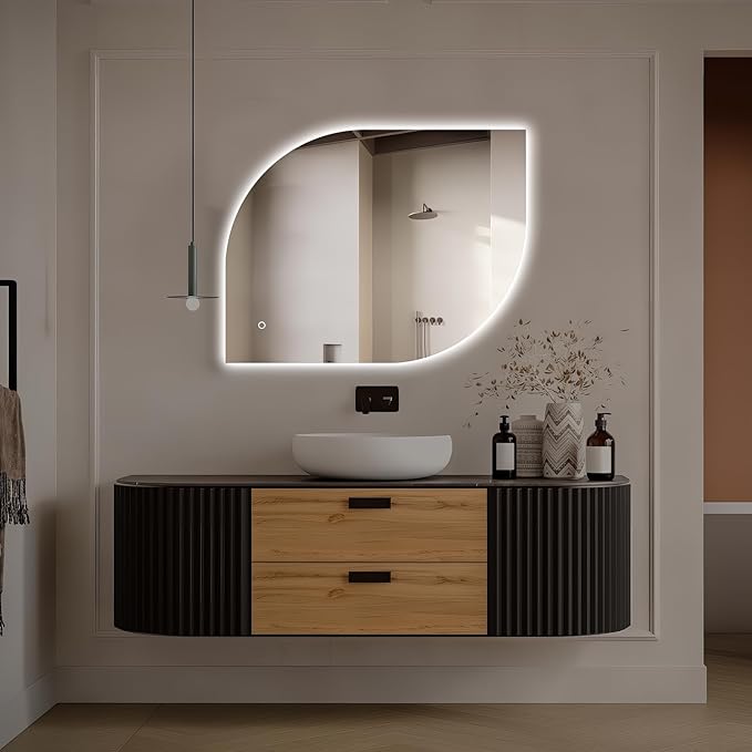 LED Bathroom Mirror with Lights, 36x24 Inch Leaf LED Backlit Mirror Irregular, Anti-Fog, Dimmable Light, Asymmetrical Vanity Mirror for Makeup, UL Listed, Room Decor for Bedroom Horizontal/Vertical