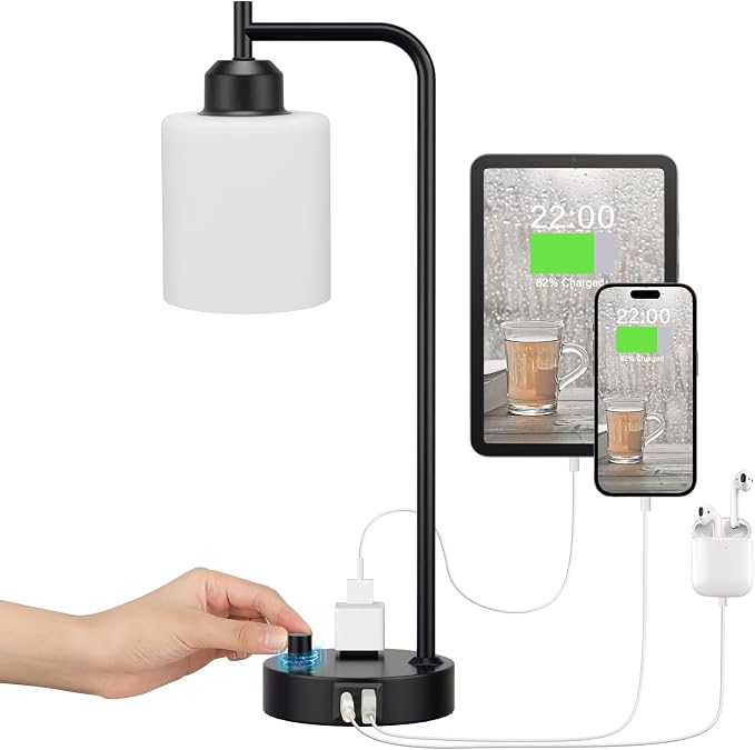 Industrial Bedroom Table Lamps for Bedside - White Opal Glass Shade Desk Lamps with USB C Port, Fully Dimmable Black Lamps with USB Port and Outlet, Reading Nightstand Lamp for Office Living Room