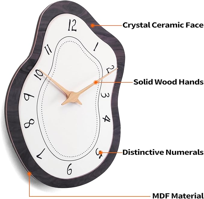 Mid Century Retro Irregular Shape Wall Clock, Silent Non-Ticking Battery Operated, 14 x 10 Inch Vintage Boho Beige Art Clock for Living Room, Bedroom, Entryway, Mantel Decor