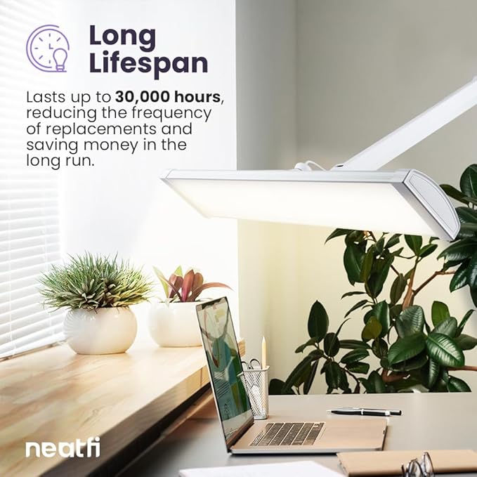Neatfi LED Desk Lamp, 3,500 Lumens, 3 Light Modes, Dimmable, 45W, 26” Wide Shade, 540 SMD LEDs, Eye-Caring Task Lamp for Reading, Crafting, Workbench, Office (CCT with Clamp, White)