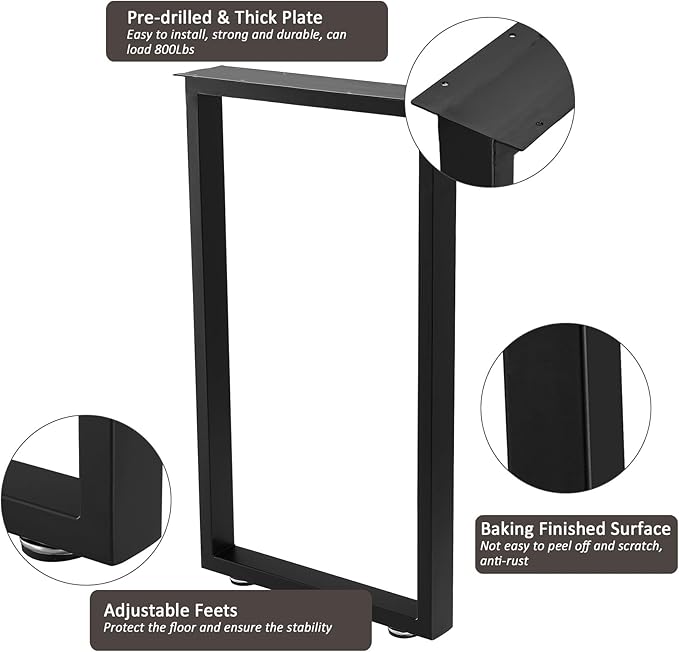 Metal Table Legs 28 Inch Heavy Duty Desk Legs Dining Table Legs Black Metal Coffee Table Legs with Adjustable Feet Pads, Black, Set of 2