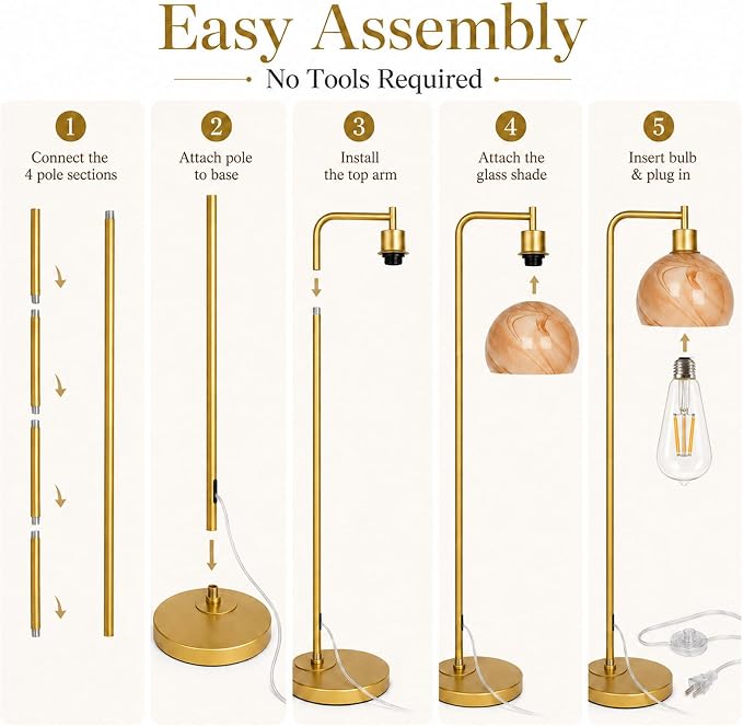 67" Soft Glow Art Deco Floor Lamp - Metal Pole Glass Lamp, Pedal Switch & E26 Bulb, Perfect for Bedroom Living Room Office Scandinavian/Minimalist/Contemporary Interiors