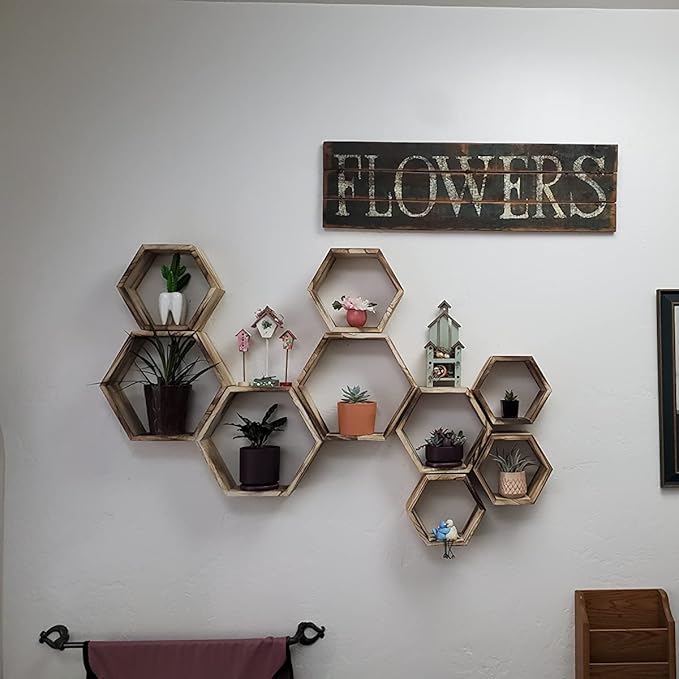 WONFUlity Hexagon Floating Shelves Honeycomb Shelves Wood Farmhouse Storage Wall Shelf for Bathroom, Kitchen, Bedroom, Living Room, Driftwood Finish Wall Decor