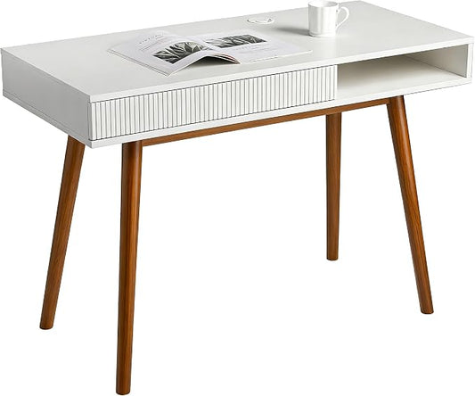 Artswish White Desk with Drawer, Mid Century Modern Writing Desk for Home Office, Small Computer Desk with Storage Shelf & Cable Management Hole, Wood Study Desk for Bedroom, Apartment, Dorm