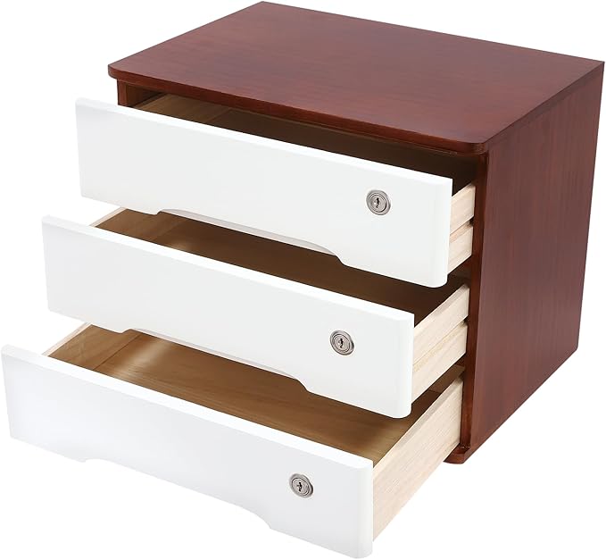Desktop File Organizer with Lock, 2/3/4 Tier Multi-Drawer Wooden Storage Cabinet, Office Supply Organizer for Home Desk, Study & Workplace (Wine Red + White, 3 Layers)
