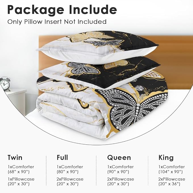Marble Black Gold King Comforter Set, Butterfly Crystal Diamond Silver Bedding Set 3 Piece, All Season Soft Toddlers Children Adults Bedroom Bed Decoration Comforter and 2 Pillow Shams