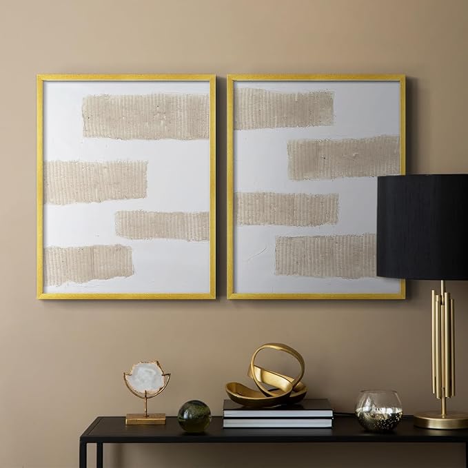 Renditions Gallery Set of 2 Peel & Stick Framed Prints, Modern Abstract Wall Art, Textured Brush Strokes Wall Decor, Re-Stickable - Ready to Hang - 22"x28" - GOLD Frame LT588