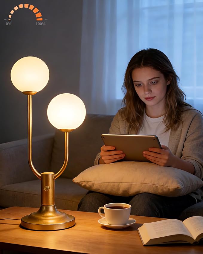 Lightdot 2-Globe Table Lamp for Bedroom Mid Century Modern Gold Small Desk Lamp Dimmable 3000K Warmwhite Unique U-Shaped Nightstands Bedside Lamp for Living Room Home Office