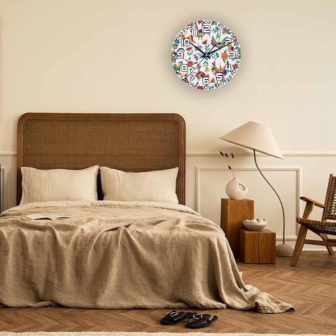 Animals Mexican Wall Clock Battery Operated Flowers Bird Spring Colorful Traditional Clip Art Wall Clock Silent Non Ticking Quality Quartz 10 Inch Round Easy Clock to Read for Home Office