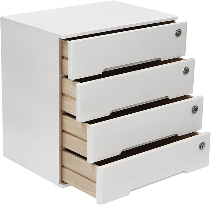 Desktop File Organizer with Lock, 2/3/4 Tier Multi-Drawer Wooden Storage Cabinet, Office Supply Organizer for Home Desk, Study & Workplace (White, 4 Layers)