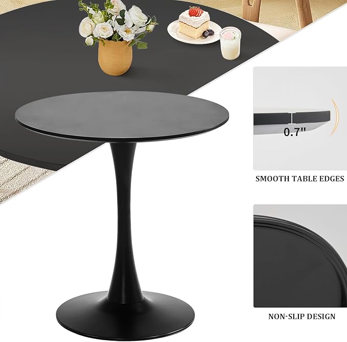 Black Round Dining Table, 27.6" Tulip Table Kitchen Round Dining Table for 1-2 People with MDF Table Top and Metal Pedestal Base, Mid-Century Leisure Table for Home, Dining Room, Cafe