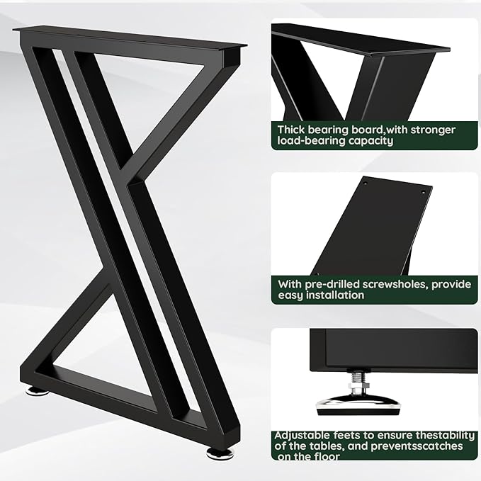 Metal Table Legs 28" H x 20" W Furniture Desk Bench Dining Table Legs with Adjustable Feet Z Shape Heavy Duty Desk Base Set of 2 Black
