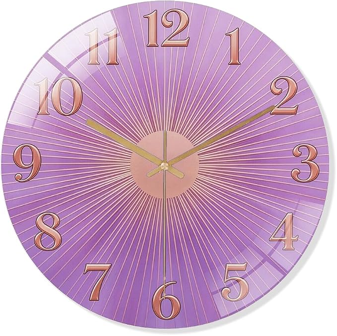 12 Inch Purple Sunburst Glass Wall Clock Silent Art Decor | Silent glossy clock with a purple sunburst and rose gold numbers, perfectly tracking time for your bedroom or living room