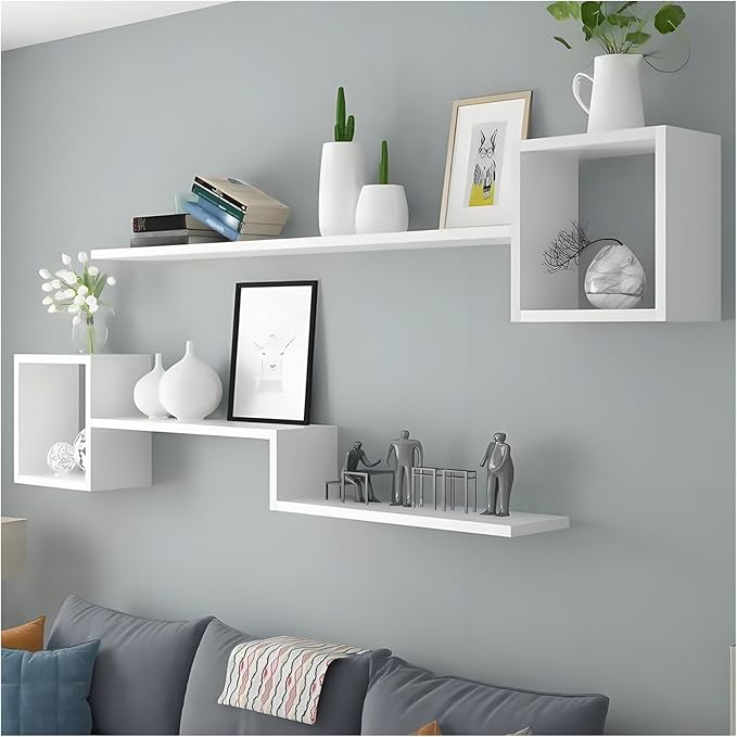 Wall Mounted Shelves Wooden Floating Shelf Home Decor for Wall, Sofa, Bathroom, Bedroom, Living Room, Kitchen, Office White-2-layer 55"