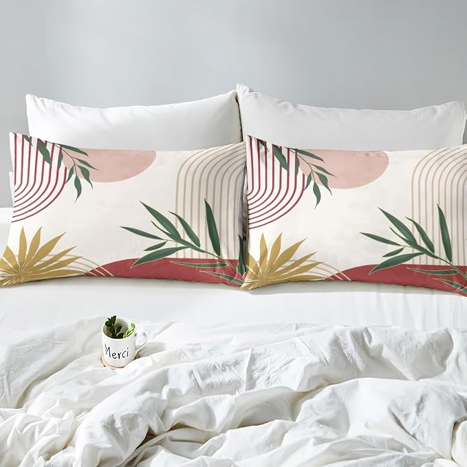 Erosebridal Boho Geometric Leaves Duvet Cover Queen for Kids Teens Adults,Red Pink Gold Green Comforter Cover,Abstract Art Bedding Set,Retro Mid Century Bed Set 3 Pcs Bedroom Decor