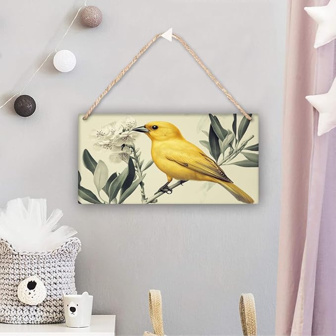 Whimsical Vintage Yellow Bird & Flowers Wooden Wall Art, Retro Home Decors for Nature Admirers, 12x6 Inch Wood Sign to Bring Retro Charm Indoors
