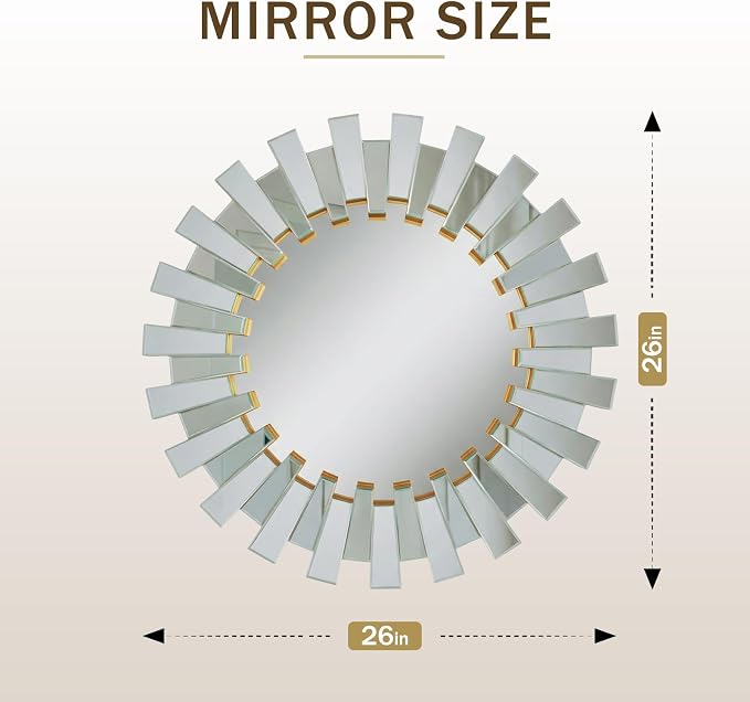 Gold Sunburst Mirror for Wall Decor, 26" Starburst Mirror with Beveled Glass Frame, Modern Accent for Living Room, Hallway, Bedroom,Entryway