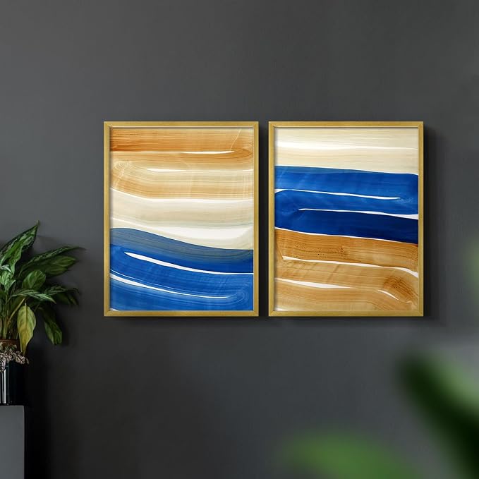 Renditions Gallery Set of 2 Peel & Stick Framed Prints, Abstract Wall Art, Blue and Gold Wave Textured Background Wall Decor, Re-Stickable - Ready to Hang - 22"x28" - GOLD Frame LT588