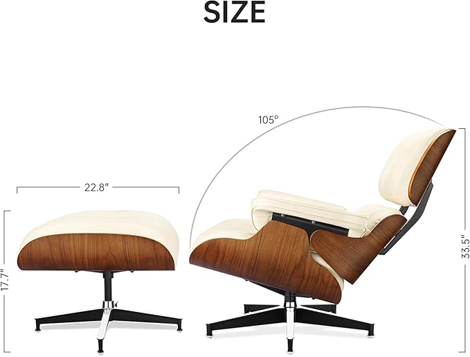 Top Cream White Grain Leather, Mid Century Chaise Lounge Chair and Ottoman, Modern Chair Classic Design, Walnut Wood, Heavy Duty Base Support for Living Room Office
