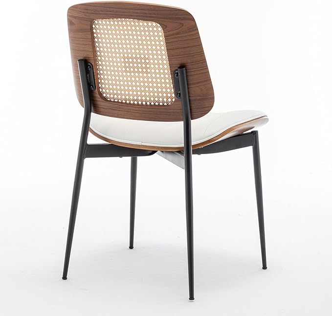LUNLING Dining Chairs Set of 2 Mid Century Modern Retro Faux Leather Kitchen Chairs with Walnut Bentwood Upholstered Seat Metal Legs Adjustable Foot for Kitchen Dining Room Chairs(White-Rattan Back)