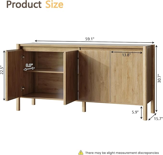 CHUWELL Sideboard Cabinet - 59" Mid Century Buffet Storage Cabinet with 4 Doors, Adjustable Shelves, and 4 Solid Wood Round Legs- Perfect for Living Room (Oak)