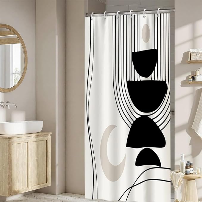 Black White Boho Shower Curtain for Bathroom Modern Abstract Minimalist Neutral Bathroom Decor Mid Century Arch Moon Geometric Bath Curtain Washable Waterproof Polyester Fabric with Hooks 36x72 Inch