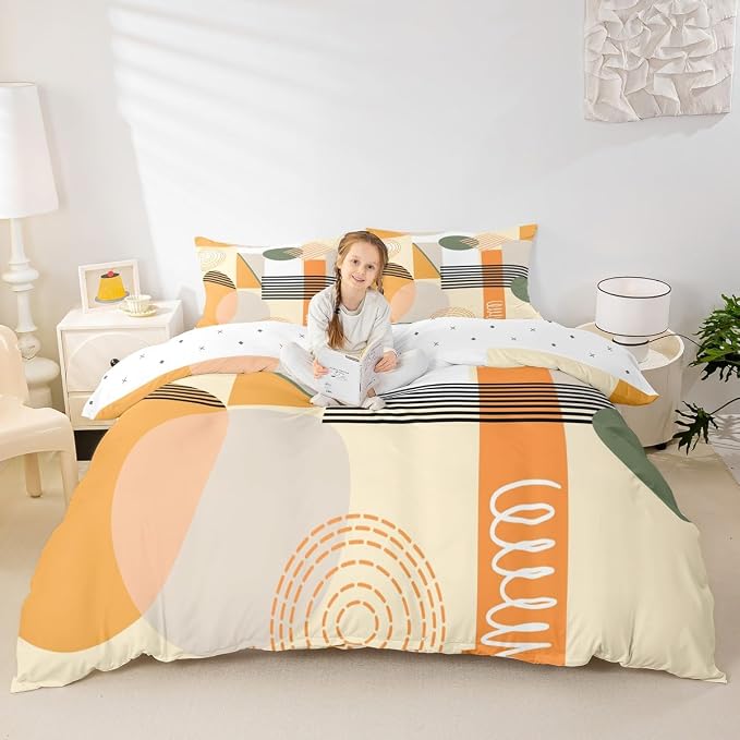 Erosebridal Yellow Abstract Duvet Cover King Size for Kids Teens Girls | Colorful Geometric Comforter Cover Minimalist Circle Modern Bedding Set Boho Contemporary Aesthetic Bed Set