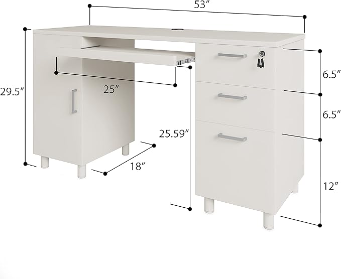 Modern Design Venice Computer Office Desk with 3 Locking Drawers and Storage Cabinet, 53 Inch Home and Office Executive White Desk with Keyboard Tray by Crafts and Comfort