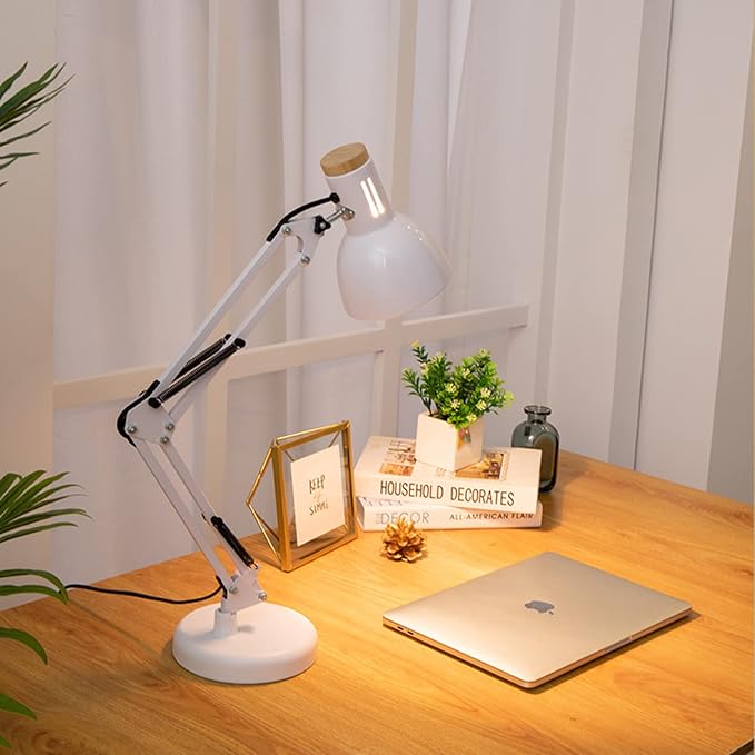 LED Desk Lamp Swing Arm Metal Table Lamp, Adjustable Architect Lamp for Home Bedroom Study Office, E27 Base Bulbs Not Included,White