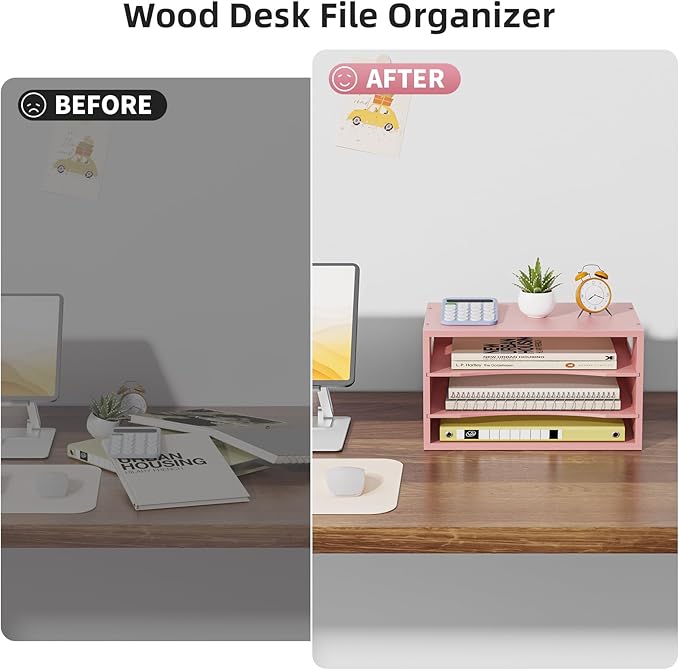 Marbrasse 3-Tier Wood Desk Organizer, Paper Letter Tray Organizer for Desk, Wooden Desktop File Organizer with Handle and Paper Sorter Mail Holder for Office School & Home Supplies Organization-Pink
