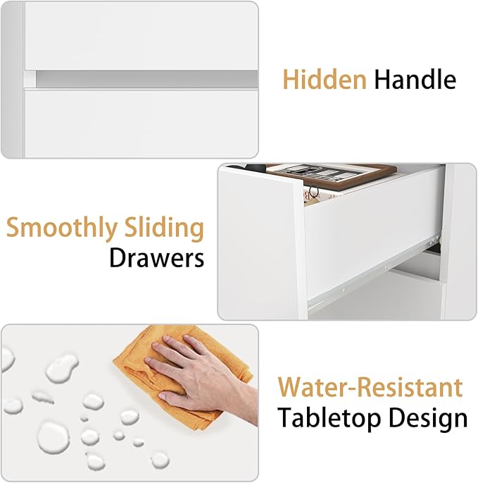 furtble White Desk with Drawers, 43'' W Home Office Computer Desk Gaming Table, Modern Vanity Desk with Storage, Wood Writing Workstation for Bedroom, Living Room, White