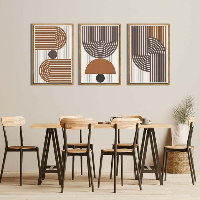 DRACIT Mid Century Boho Modern Wall Art Set Abstract Geometric Wooden Wall Decor Minimalist Line Neutral Artwork Mid Century Wood Art Decor for Living Room Bedroom Office-16x24Inch x3