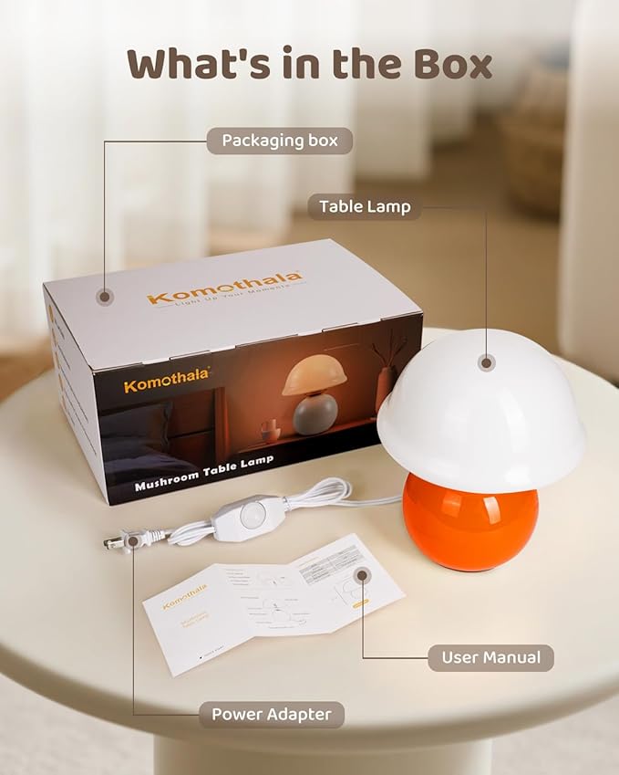Mushroom Table Lamp for Bedroom, Cozy Bedside Lamp with Glass Shade, Stepless Dimmable Nightstand Lamp for Relaxing Bedroom Decor & Aesthetic Home (Orange)