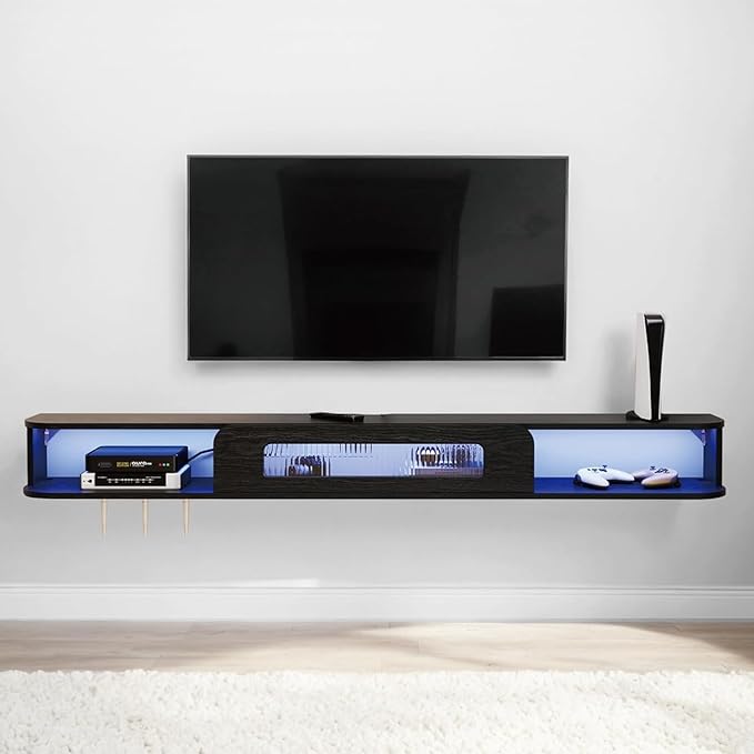 Floating TV Stand with LED Lights, 47'' Solid Wood Wall Mounted TV Cabinet with Glass Door, Mid-Century Entertainment Media Console Center Large Storage Shelf Under TV (47.24IN, Black)