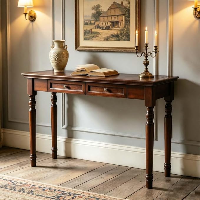 47" Narrow Solid Wood Writing Desk with Drawers, Walnut French Country Style Computer Desk for Home Office, Living Room or Study