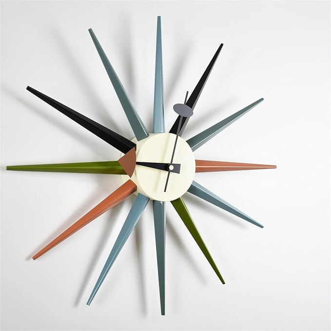 Mid Century Modern Wall Clock Large Silent Non Ticking 18 inch Solid Wood Retro Sunburst Clock for Living Room Decor,Office Kitchen