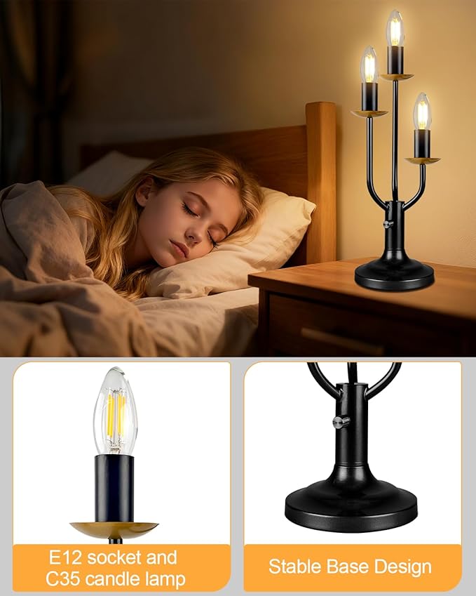 3-Light Dimmable Candelabra Table Lamp with LED Bulbs Included, Vintage Industrial Black Metal Desk Lamp, Retro Candle Nightstand Light for Bedroom, Living Room, Office, Cafe Decor