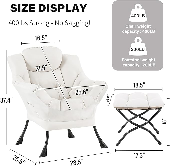 Tiita Lazy Chair with Ottoman, Beige Modern Large Accent Chair, Comfy Leisure Sofa Armchair with Ottoman, Reading Chair with Footrest for Bedroom, Living Room, Dorm Rooms, Beige