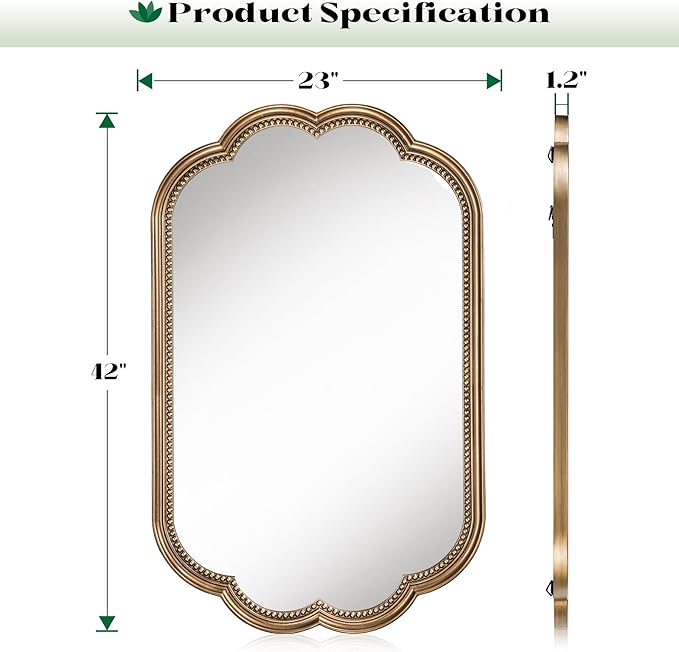 Scalloped Mirror for Bathroom, 23" x 42" Antique Wide Brass Mirror, Gold Scalloped Vintage Mirrors with Beaded Frame for Over Sink, Bathroom, Bedroom, Living Room, Fireplace, Entryway