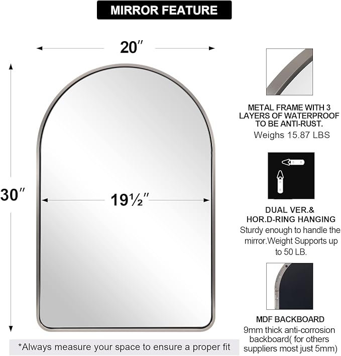 Andy Star Brushed Nickel Arched Mirror, 20x30 Arch Mirror, Brushed Nickel Bathroom Mirror, for Vanity,SUS304-Anti-Rust, Tube Frame, Wall-Mounted Vertical 1’’ Deep